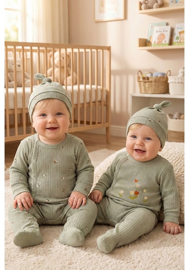 Babymod Çiçek Desenli Şapkalı 2'li Pamuklu Kız Bebek Tulum Set Yeşil