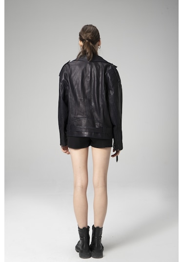 Dericlub Pamela Unisex Jumbo Oversize Biker Hakiki Deri Mont Lacivert Null Lacivert