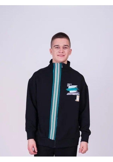 Erkek Çocuk Dik Yaka Fermuarlı Çizgi Detaylı Teenage Hırka-13544 Siyah