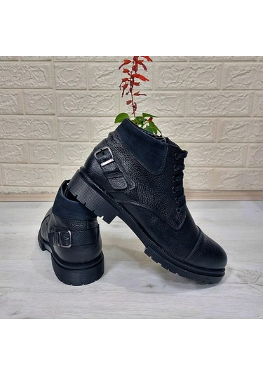 M.P 4201 Siyah Hakiki Deri Bağacaklı Fermuarlı Fuspetli Erkek Bot 001