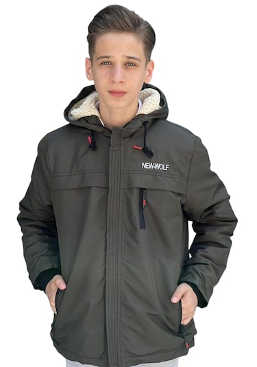 Erkek Çocuk New Wolf Yazılı Fermuar Cepli İçi Peluş Astarlı Haki Renk İnce Mont Haki