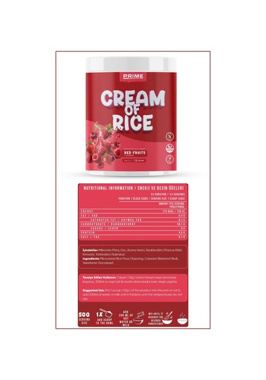 Prime Nutrition Cream Of Rice 750 Gram Red Fruits Kırmızı Meyve Aromalı