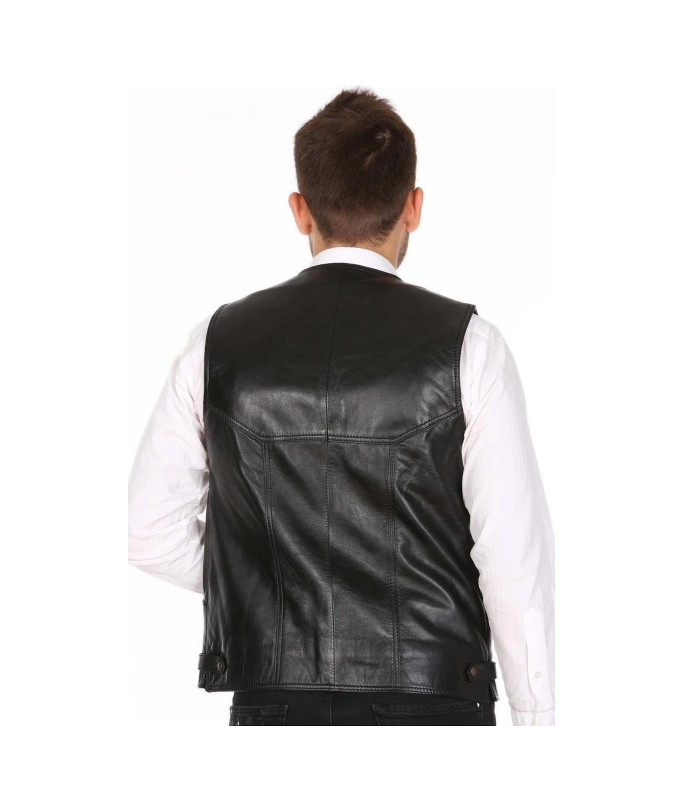 Hakiki Deri Siyah Portes Düğmeli Erkek Deri Yelek Siyah