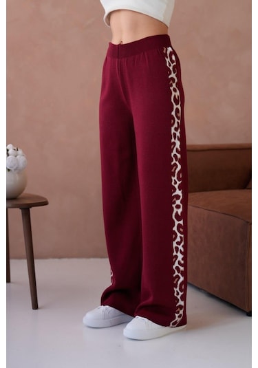 Relax Mode Kadın Leopar Şerit Detaylı Örme Pantolon - 12026r Bordo