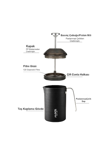 Alocs Paslanmaz Çelik French Press 600 Ml Gri