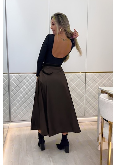 Kadın Yüksek Belli Maxi Deri Kemersiz Etek Kahve