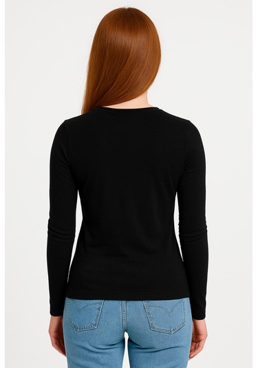 Kadın Siyah Uzun Kollu Unisex Kalıp T-shirt-d236-k Siyah