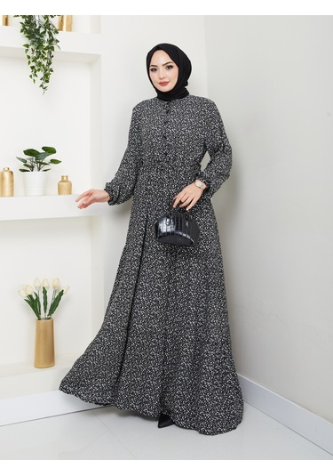 Düğme Detaylı Çiçekli Viskon Elbise - Siyah / E0123 Siyah