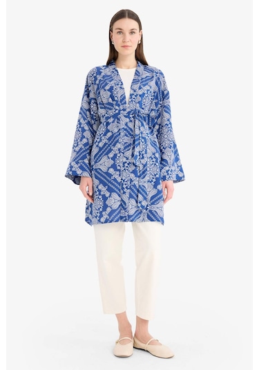 Defacto Relax Fit Bisiklet Yaka Desenli Viskon Kimono E7262ax25smbe399 Mavi