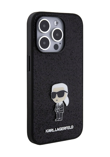 Apple Uyumlu iPhone 15 Pro Max  Kılıf Karl Lagerfeld İkonik Fixed Glitter Metal Logo  Lisanslı Siyah