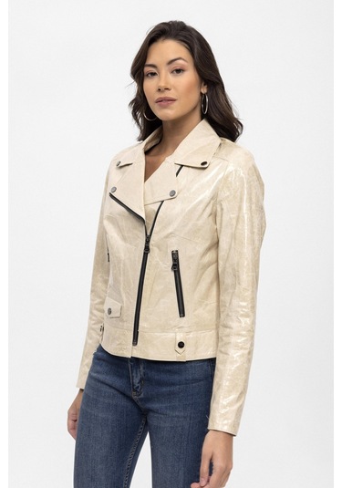 Bej Merlot Çıt Çıt Detaylı Yandan Fermuarlı Biker Motorcu Hakiki Deri Kadın Mont-bej Bej