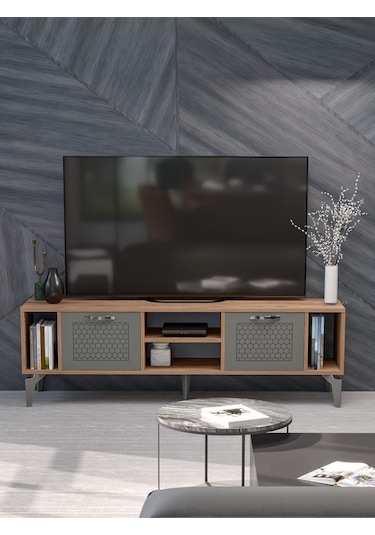 Tv Sehpası 160 Cm Modern Çok Amaçlı Dolaplı Raflı Televizyon Ünitesi Linya Gümüş Ceviz Antrasit