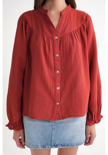 4733 Kadın Büzgü Robalı Uzun Kol Müslin Gömlek Kızılcık Kızılcık 4733 Kadın Büzgü Robalı Uzun Kol Müslin Gömlek Kızılcık Kızılcık