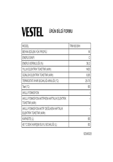 Vestel TRM 65 EKH 65 L Termosifon