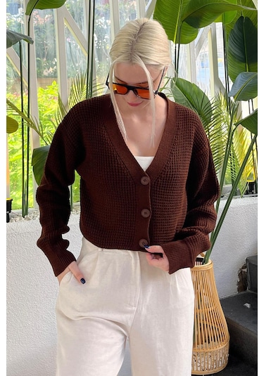 Madmext Kahverengi Uzun Kollu Düğmeli Crop Hırka Mg2198 Kahverengi