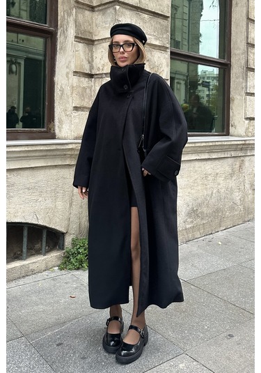 Siyah Vittoria Düğmeli Yaka Kaban - 2511 Siyah