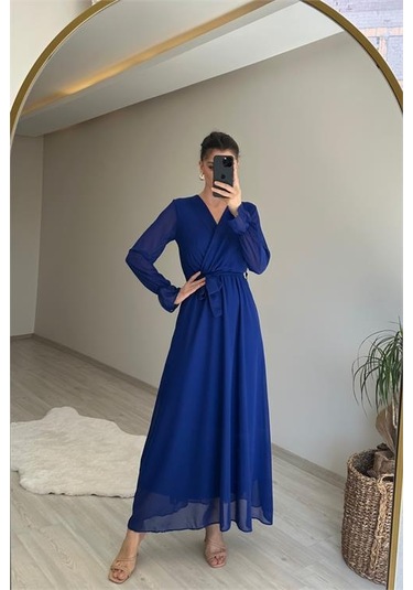 Neşeli Butik Kadın Uzun Kollu Kuşaklı Maxi Şifon Elbise Nm001 Saks