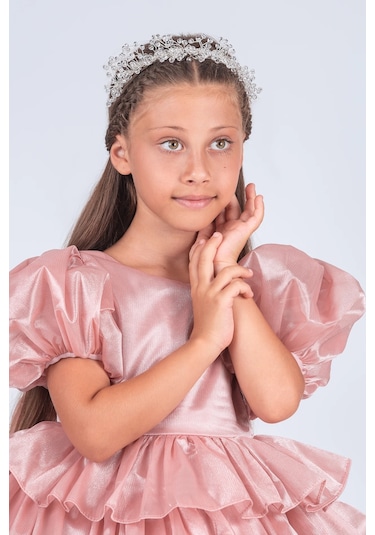Volanella Taçlı Kız Çocuk Abiye Çift Tarz, Tek Elbise. Pudra