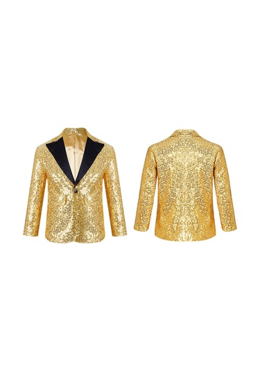Altın Çocuk Erkek Köpüklü Payetler Blazer Ceket Düğün Akşam Parti Dans Bir Düğme Resmi Takım Elbise Altın