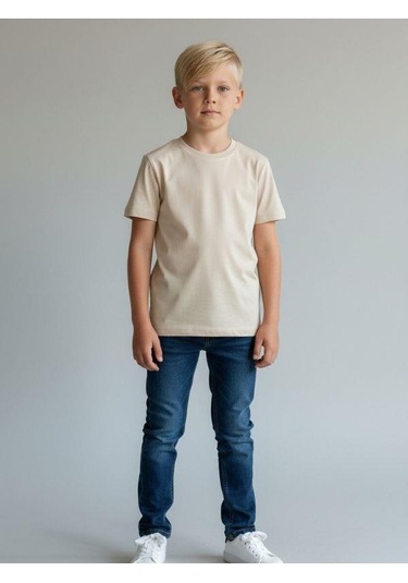 Zekids Çocuk Pamuklu Basic Yuvarlak Yaka T-shirt-16714 Bej