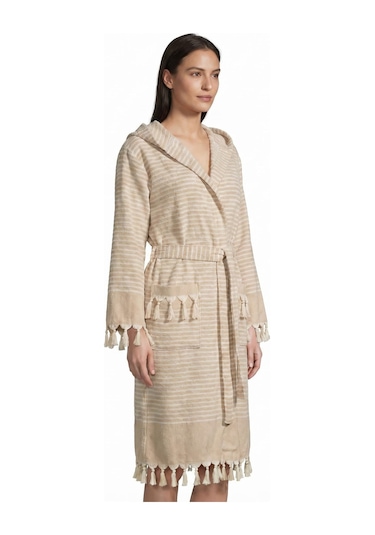 Kapşonlu Unisex Peştemal Plaj Bornozu %100 Pamuklu Seaside Stripe Kahverengi