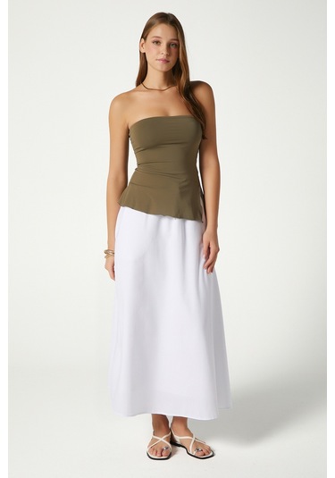 Kadın Seaside Beyaz Astarlı Bel Lastikli Cepli Dokuma Uzun Etek Beyaz