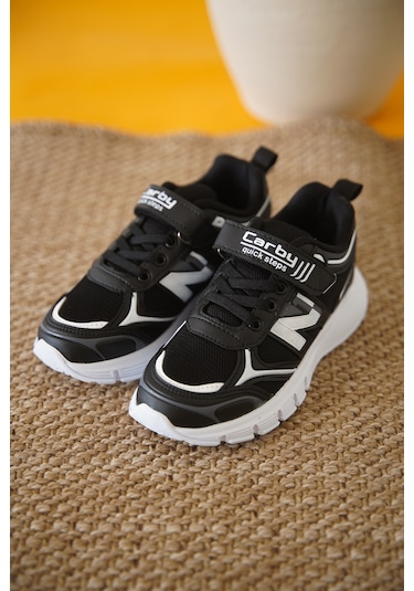 D0130 Cırtlı Çocuk Unisex Sneaker Spor Ayakkabı Siyah-beyaz