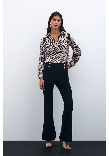 Desenli Gömlek Yaka Bluz - Siyah-135570 Siyah