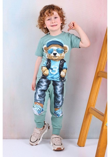 Erkek Çocuk Ayı Desenli Kısa Kollu Tshırt Eşofman 2'li Takım-1085 Yeşil