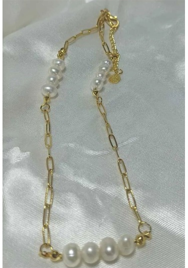 24k Altın Kaplama Gerçek İnci Kare Zincir Detaylı Kolye Sevgili A Çok Renkli