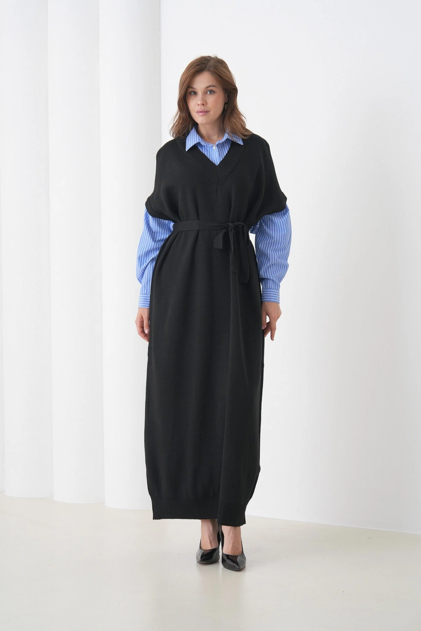 Kadın Uzun Kol Gömlek Yaka İçi Gömlekli Triko Kuşaklı Triko Spor Şık Elbise Siyah