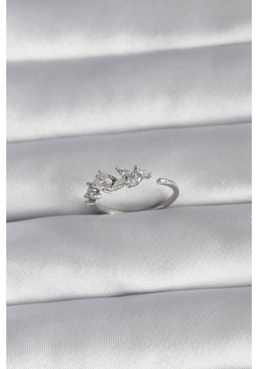 Pirinç Gümüş Renk Zirkon Taşlı Çiçek Model Kadın Yüzük Gümüş