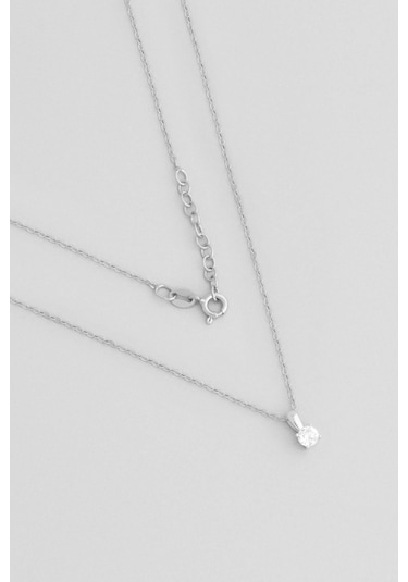 Minimal Taşlı 18 Ayar Beyaz Altın Kaplama 43 Cm Gümüş Tektaş Kolye