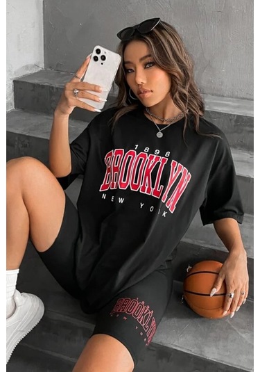 Modagen Kadın Oversize Siyah Brooklyn New York Baskılı Tshirt Tayt Takım Siyahk
