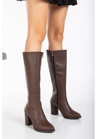 Beyaz Reyna Topuklu Fermuarlı Kadın Çizme Kahve Kahve