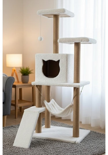 Missidea S9 Kedi Tırmalama Kulesi Platformlu 124 Cm Beyaz