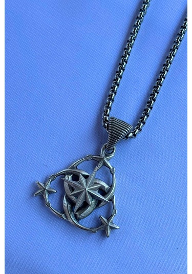 Pusula Ay Yıldız El İşçiliği Paslanmaz Çelik Zincir Erkek Kolye Gümüş