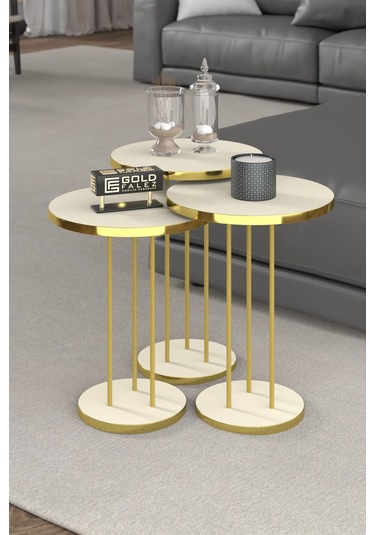 Orta Sehpa Ve Zigon Sehpa Terra Set Gold Krem