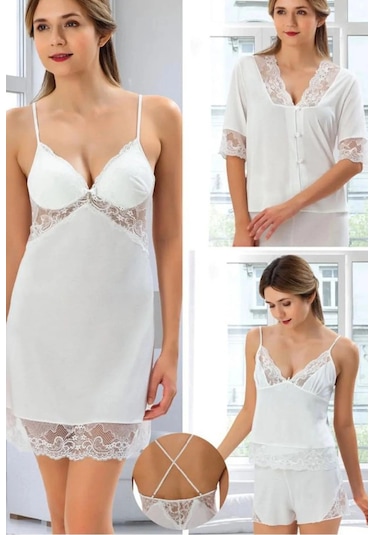Duchesse Çeyizlik Dantelli Saten 6'lı Set -ekru Pudra