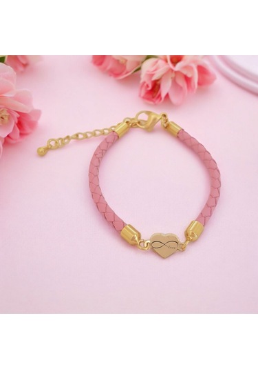 Archin Sonsuz Aşk Temalı 14 Ayar Altın Plakalı Pembe Derili Kalp Figürlü Hediye Bileklik-473sembol Sonsuz Aşk