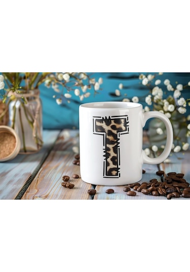 T Baş Harf Leopar Desenli Kupa Bardak - Kişiye Özel Feminen Konsept Hediye - Vahşi Hayvan Desenli Beyaz