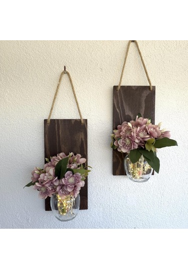 Led Işıklı, Kahve Yasemin Çiçekli Duvar Dekoru Ceviz İkili Set Ceviz