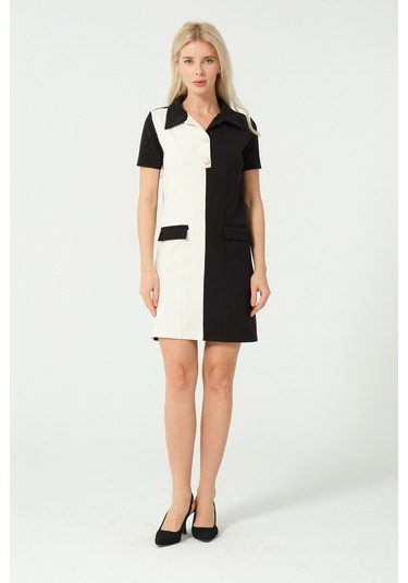 Polo Yaka Mini Elbise Siyah Beyaz