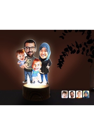 Kişiye Özel Tesettürlü Aile Karikatürlü Dekoratif 3D Biblo Led Iş (483006929)