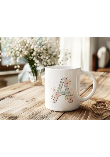 A Harfli Çiçek Desenli Kupa Bardak - Ekose Desenli Yeşil Pembe Desenli Tasarım - Kişiye Özel Hediye Beyaz