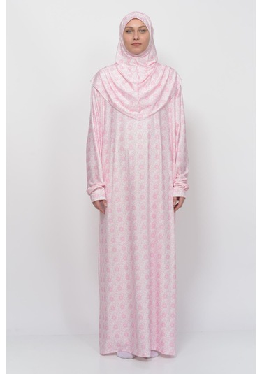 Pratik Tek Parça Güneş Desenli Kollu Tak Çıkar Başörtülü Likralı Tesettür Namaz Elbisesi 990-0302 Pembe Antrasit