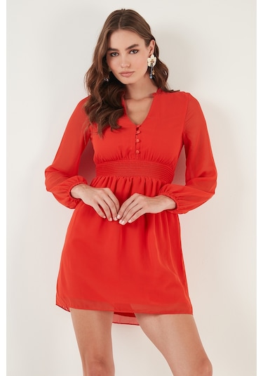 Lela V Yaka Regular Fit Gipeli Düğme Detaylı Şifon Mini Bayan Elbise 611El01433 Orange