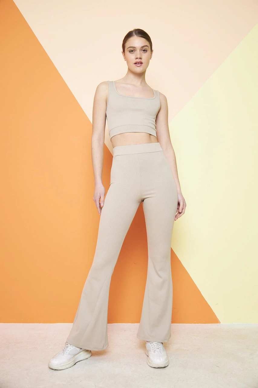 Siyah Yüksek Bel Fitilli Ispanyol Paça Interlok Örme Kadın Tayt Bej