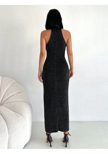 Simli Buzi Elbise Siyah