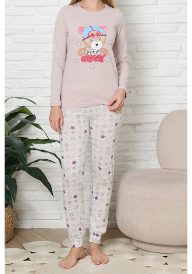Kadın Pijama Takımı Uzun Kollu Pamuklu Pudra Pudra